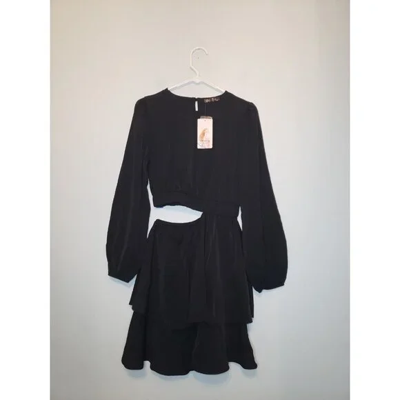 Prettygarden Women S Mini Dress Black Waist Cutout Long Sleeve Ruffle Tiered NWT - Picture 1 of 7